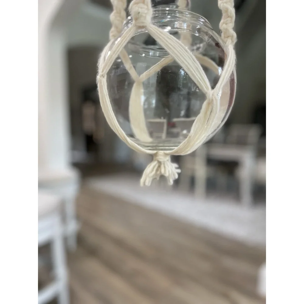 Vtg Handmade Yarn Macrame Plant Hanger Boho Indoor Hanging Lidded Jar Terrarium‎